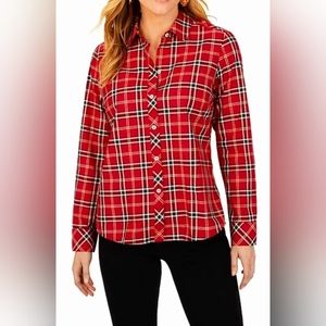 Talbots Women's Plaid Red Metallic Shirt Cotton Button Up, Medium.
